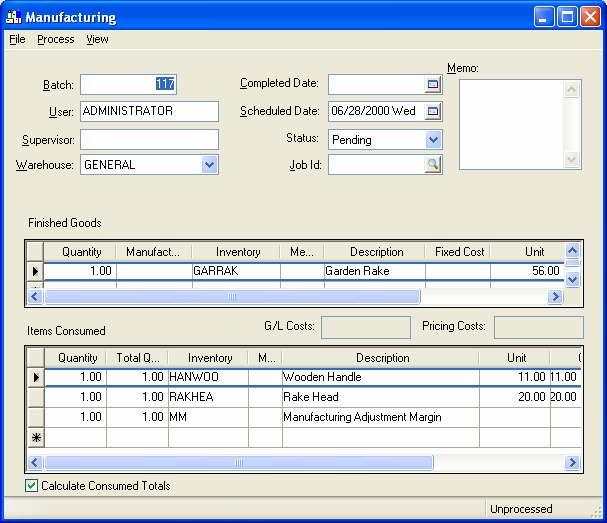 Index Multiple Warehouses The Warehouse settings on the manufacturing window shown below will only appear if the optional EBMS Multiple Warehouse module option is installed: The Warehouse