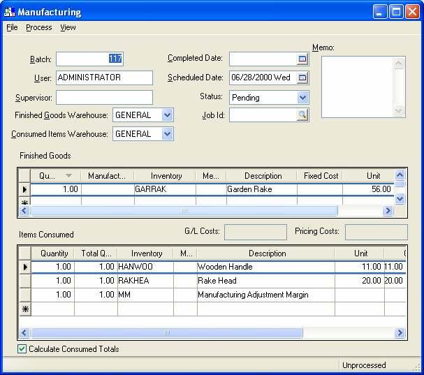 Eagle Business Management System - Manufacturing The Finished Goods Warehouse setting identifies the destination warehouse of the Finished Goods.