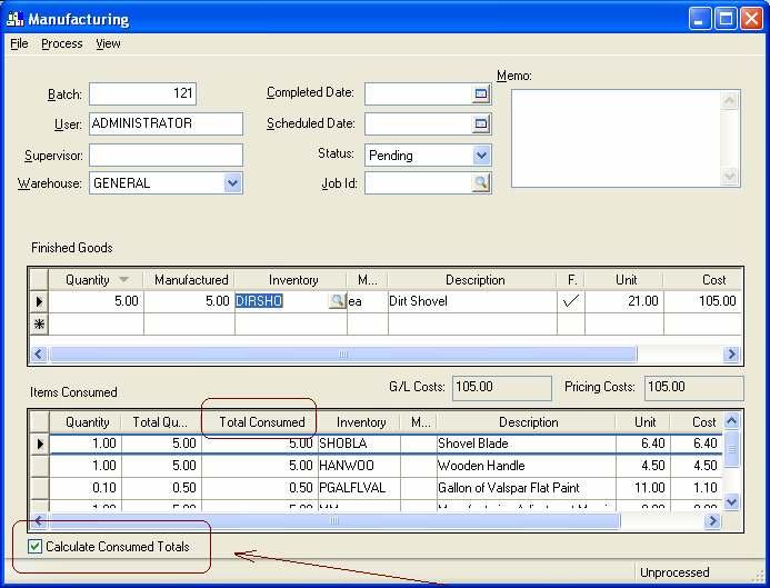 Processing a Batch Manually Calculating Items Consumed A Calculate Consumed Totals option is located at the bottom of the manufacturing window as shown below: This option is defaulted ON.