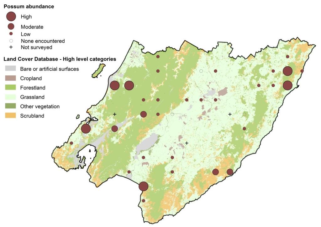 Figure 3.2: Bird species richness and indigenous dominance at the 36 sites sampled in 2014/2015 and 2015/2016 3.3 Possums Possum densities were generally low, with six exceptions (Figure 3.
