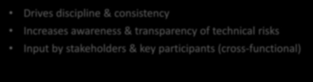 & consistency Increases awareness & transparency of technical risks Input by stakeholders & key