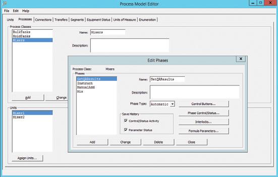 Modeling A model of the process is created using the InBatch Process Model Editor.