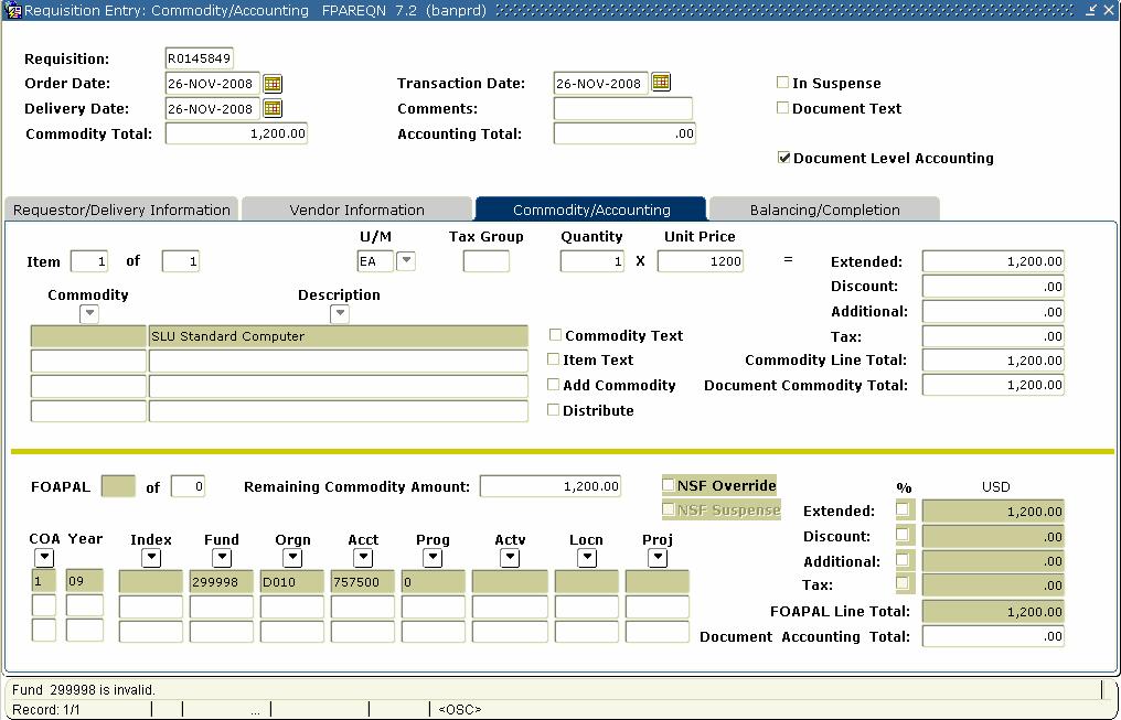 Chapter Two: Requisitioning Commodity/Accounting Window Figure 2-5 Commodity/Accounting window Note: The system will generate the requisition number in the Requisition field at this time.