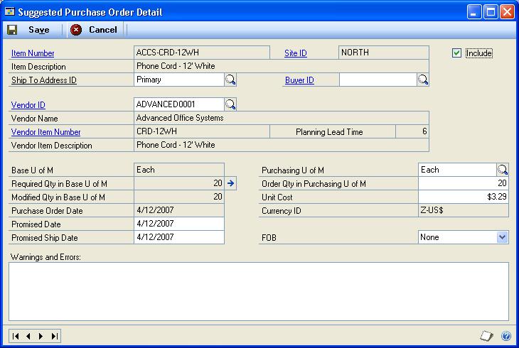 PART 2 PURCHASE ORDERS 5. To get more information about an item, select the row and choose the Item expansion button to open the Suggested Purchase Order Detail window.