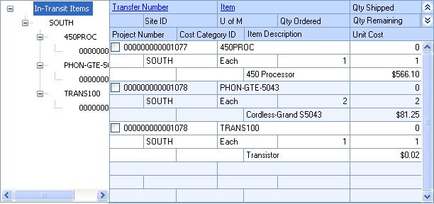 CHAPTER 13 SHIPMENT AND IN-TRANSIT INVENTORY RECEIPT ENTRY Site/Item Number/Transfer Objects in the tree view and scrolling window are sorted first by site, then by item number under each site, then