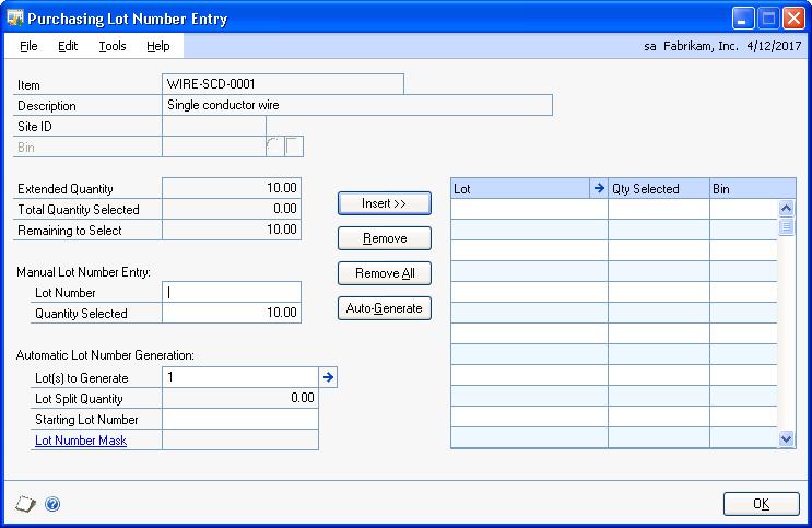 PART 3 RECEIPTS 4. Press TAB or choose the Quantity Invoiced expansion button to open the Purchasing Lot Number Entry window.