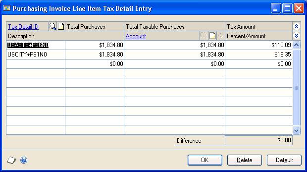 PART 3 RECEIPTS 5. Choose the Calculated Tax expansion button to open the Purchasing Invoice Line Item Tax Detail Entry window, where you can view or edit the tax amounts. 6.