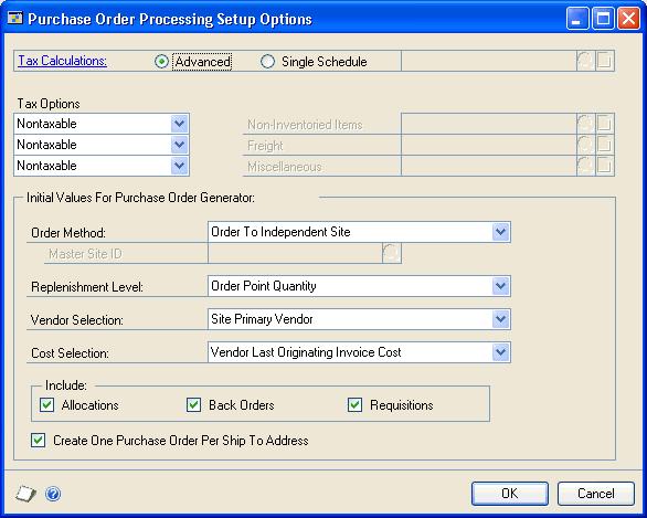 CHAPTER 1 MODULE SETUP To set up Purchase Order Processing tax options: 1. Open the Purchase Order Processing Setup Options window.