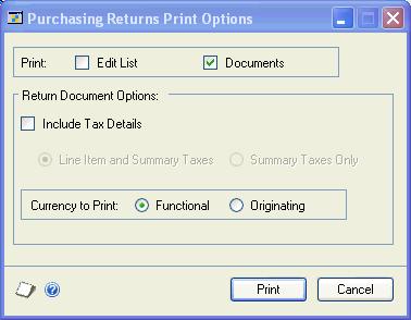 CHAPTER 23 RETURNS TRANSACTIONS Printing purchasing returns transactions Use the Purchasing Returns Print Options window to print the Edit List or return documents.