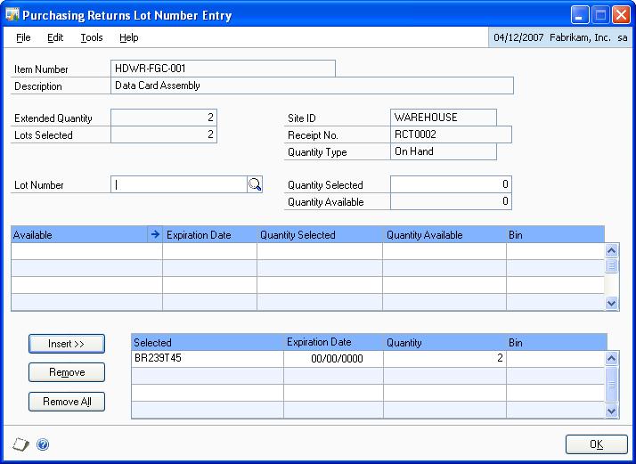 CHAPTER 23 RETURNS TRANSACTIONS 3. Select a sales inventory or discontinued item that isn t tracked by serial or lot numbers and choose the Bins button to open the Bin Quantity Entry window. 4.