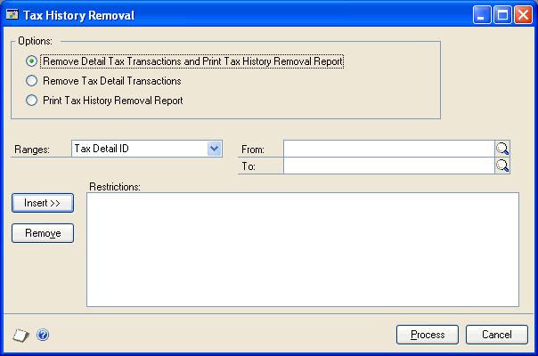 PART 6 UTILITIES To remove tax history: 1. Open the Tax History Removal window. (Administration >> Utilities >> Company >> Remove Tax History) 2.