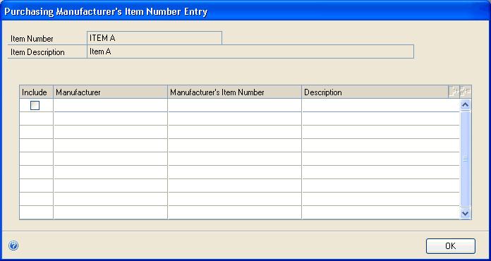 PART 2 PURCHASE ORDERS To specify the manufacturer s item numbers to print on a purchase order: 1. Open the Purchase Order Entry window. (Purchasing >> Transactions >> Purchase Order Entry) 2.