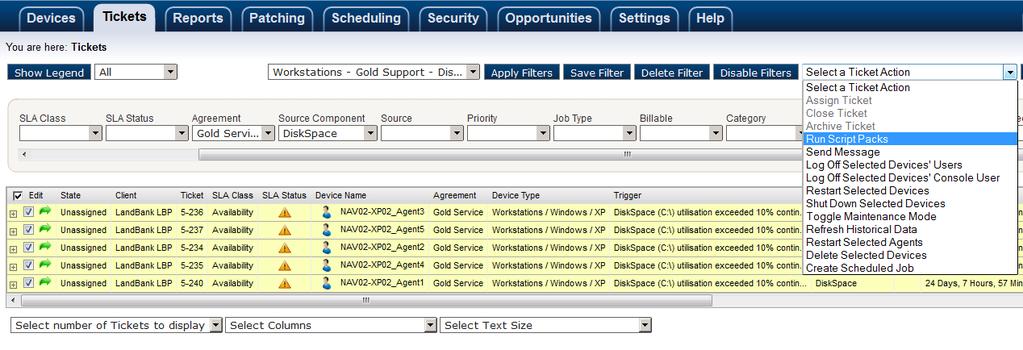 5.0 Run IT Admin Tasks across Ticket Filters Filters allow for granular isolation of Tickets by Client, Assigned User, OS type, SLA Class, SLA Status and individual Components (disk space, Ram, CPU,