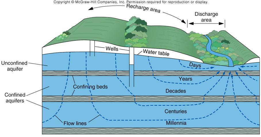 aquifers: confined and unconfined! aquitard:! is impermeable! confined aquifer:! is filled with water! is separated from surface by an aquitard!