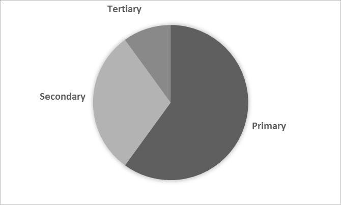 2(b)(i) On the blank pie chart below, draw and label the approximate sizes of the primary (P), secondary (S) and tertiary (T) sectors for a country which is less developed than Mexico.