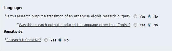 Research Output Language Under the citations database question there are two sections relating to Language and Sensitivity to be