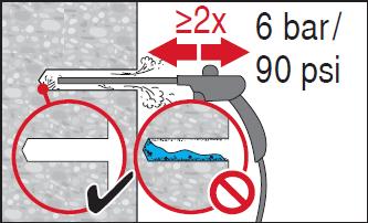 Brush 2 times with the specified brush (see Table B11) by inserting the steel brush Hilti HIT-RB to the back of the hole (if needed with extension) in a twisting motion and removing it.