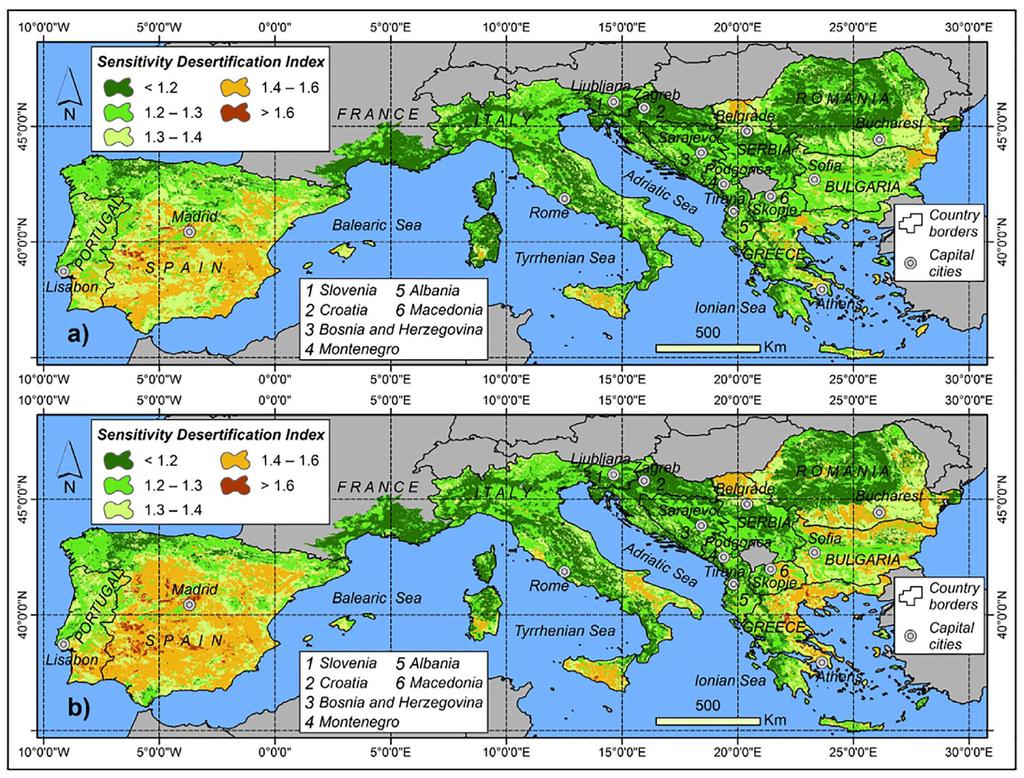 Figure 2: Spatial representation of the 2008 Sensitivity Desertification Index (a) and improved (new) Sensitivity Desertification Index (b) with the new Climate Quality Index (2017) Source: Remus