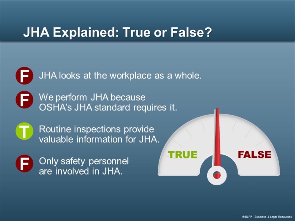 Let s do a knowledge check on what you ve learned so far. Decide whether the statements on the screen are True or False. Let s begin. JHA looks at the workplace as a whole. True or False? We perform JHA because OSHA s JHA standard requires it.