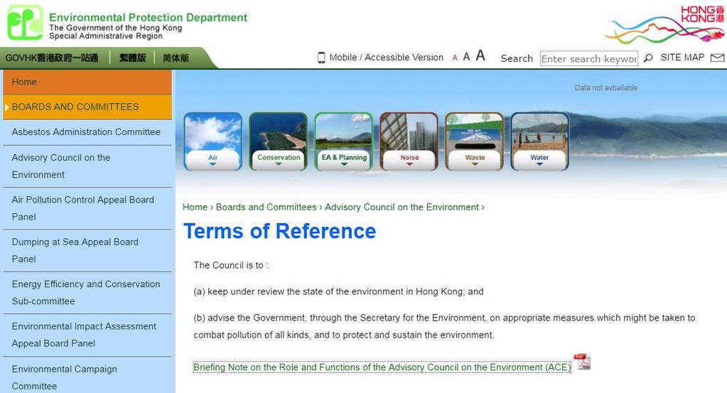 Role of Advisory Council on the Environment (ACE) Ref.