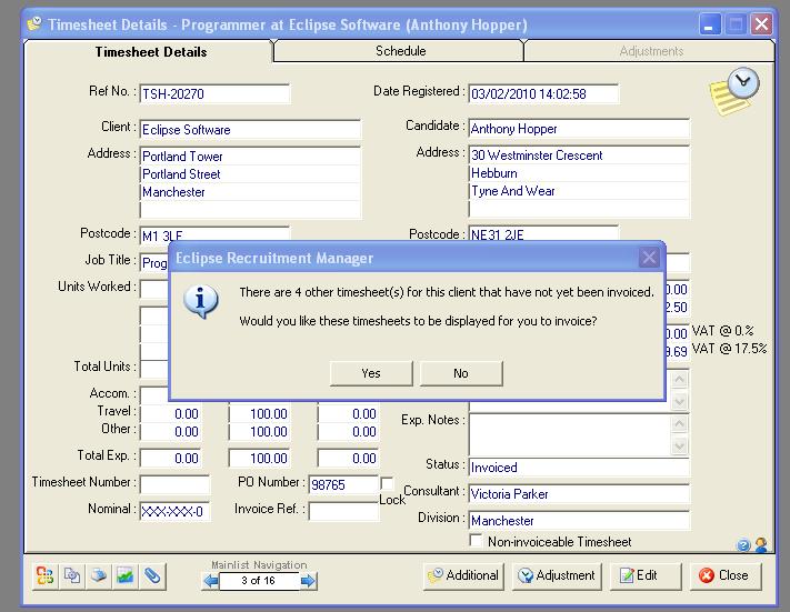 Where there are additional timesheets for the client in Eclipse that are yet to be processed Eclipse will display this message Selecting Yes will list all other timesheets that