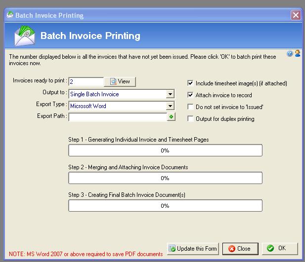 21.2 Batch Invoice Printing and Issuing: Batch invoice printing allows the printing of multiple invoices. This can be accessed from the Tools menu by selecting Batch Invoice Printing.