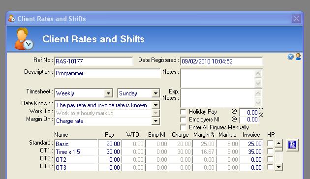 Section Two: Rates: In this section, up to ten pay rates calculations can be entered e.g. standard rate, overtime rate, day rate, night rate etc.