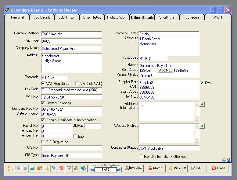8 Configuring Candidate Records: Candidate payroll information, right to work documentation and availability are all stored within the candidate record in Eclipse.