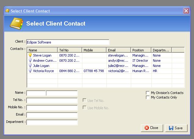 Contact / Contact Tel No / Contact Mob No and Contact E-Mail: Once the client details have been confirmed, it is then possible to choose a contact as the main source for the vacancy.