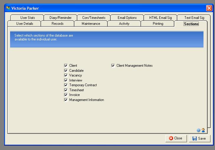 2.2 Sections Tab: This part of a user profile specifies which sections of the Eclipse interface are visible to the user.