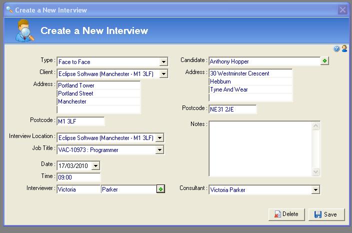 This screen is a half-wayhouse between the vacancy and interview record in Eclipse Complete as much of the detail as possible and select Save to create the interview record Fill in the remaining