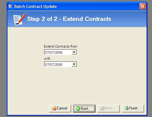 14.1 Extend: Extending contracts using the batch update feature is very quick and simple. In Step 2, select the date to extend the contract from and enter a new contract end date.