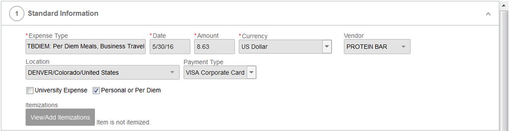Reconcile Per Diem Expenses 1. Attach P-Card Transactions related to per diem meals to the same ER as the per diem allowance 2. Select a Per Diem Expense Type from the drop-down list.
