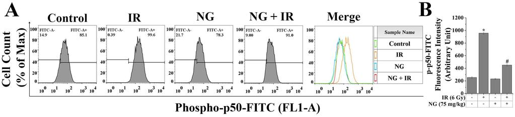(n=5). p<0.05 was considered as significant. Statistical comparison: *Control vs. IR (6 Gy); #IR (6 Gy) vs. NG (75 mg/kg) + IR (6 Gy). ESI4.