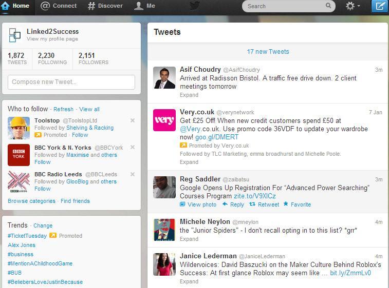 Twitter s home page The home page is your default landing page, you can access your profile page by clicking your name at the top left of this page.
