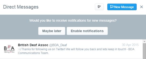 Sending direct messages Twitter provides a Direct messaging service, so you can send longer, private messages to people. To send a message, click the envelope icon at the top of the screen.