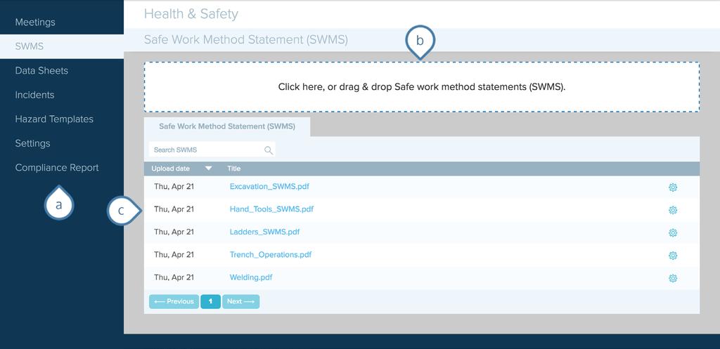 Fergus 4 Fergus Tools 4.3 SWMS (a) Click SWMS in the side menu to see the Safe Work Method Statement tools.