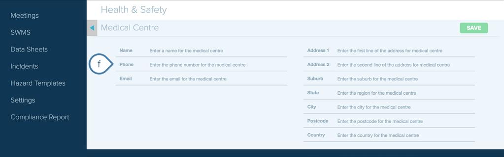 (d) Medical Centres that you've added are listed here. (e) Click the New Medical Centre button to add a new Medical Centre to the list.