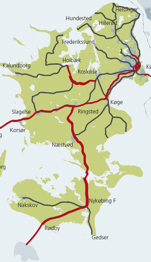 Figure 19. Development of the rail network in Greater Copenhagen/Zealand* Note: In red: decided investments in rail roads (for capacity at Kastrup: EIA first).