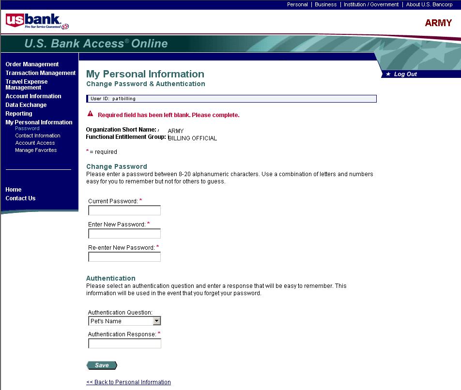 U.S. Bank links Logout button Error messages Left-Column Navigation Bar with menu expanded. Back link The following elements are common to all Access Online screens: U.S. Bank links Display other