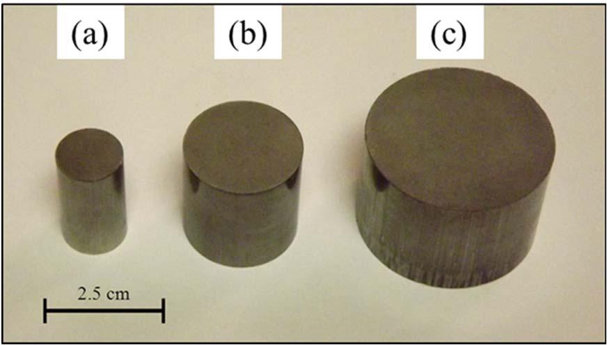 Fig 2: Transverse rupture strength of the heat-treated materials. The cylindrical compacts were all 25 mm high and had three different diameters 13 mm, 25 mm, and 38 mm Figure 3.