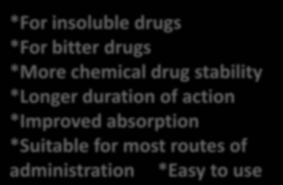 Liquid Dosage forms Solution Suspension Emulsion Advantages *For insoluble drugs *For bitter