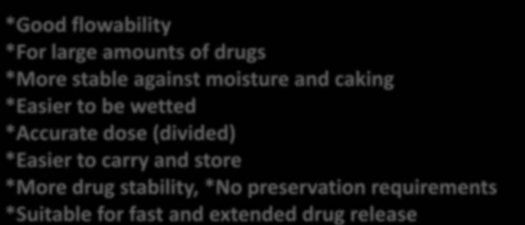 Solid Dosage forms Advantages *Good flowability *For large amounts of drugs *More stable against moisture and caking Disadvantages *Easier to be wetted *Not for all