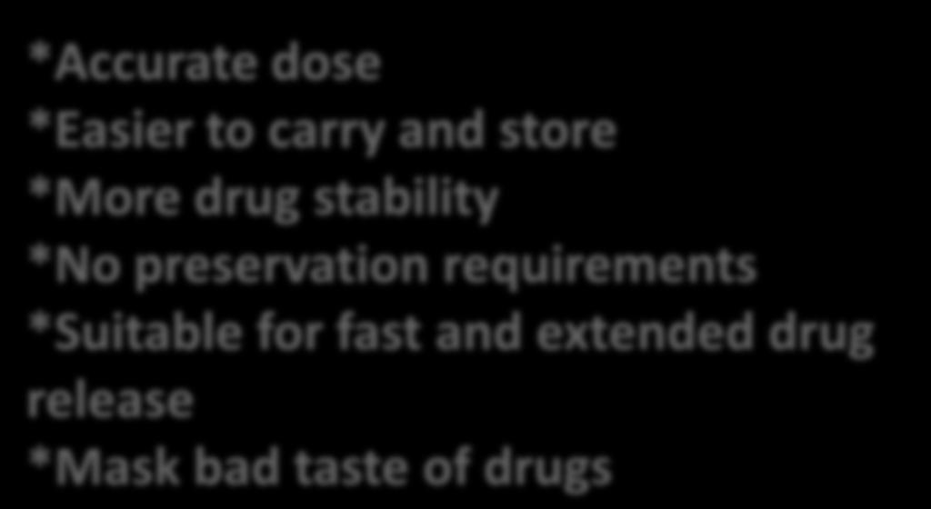 Solid Dosage forms Advantages *Accurate dose *Easier to carry and store *More drug