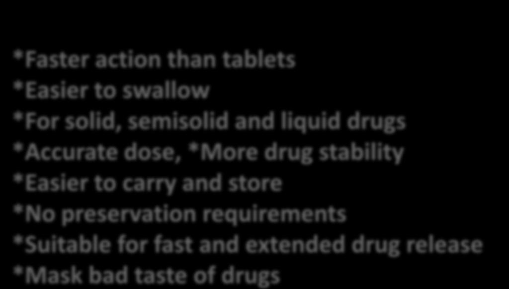 Solid Dosage forms Advantages *Faster action than tablets *Easier to swallow *For solid, semisolid and liquid drugs *Accurate dose, *More drug