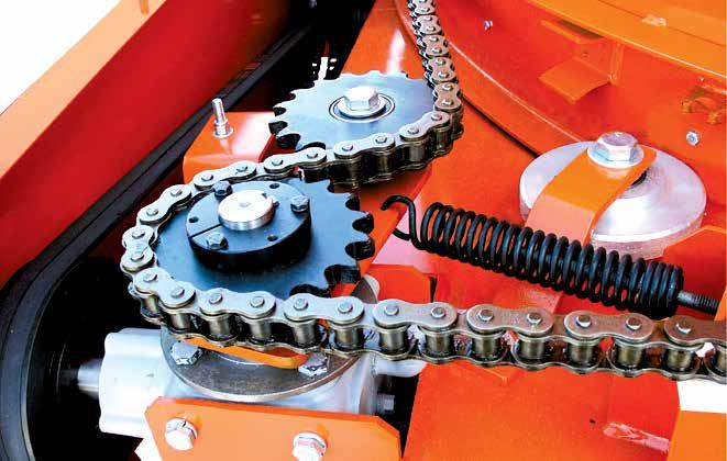 DRIVE CHAIN SYSTEM A positive drive chain system rotates the tub and delivers materials into