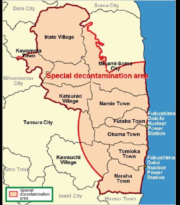 Special Decontamination Area 11 municipalities* in (former) restricted zone or planned evacuation zone (<20km from the nuclear power plant, or where annual cumulative dose is >20mSv ).