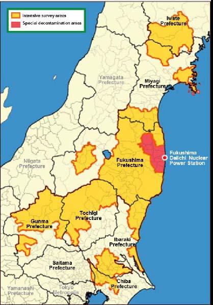 Intensive Contamination Survey Area 104 municipalities in 8 prefectures*, where an air dose rate of over 0.23 µsv/hour (equivalent to over 1 msv/year) was observed, were designated.