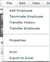 8.2 Employees Maintenance The File Menu contains options to add, transfer and remove employees.