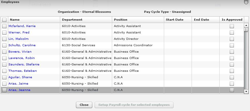The Employees screen will flip to the Cycle Setup view and allow you to setup the payroll period.